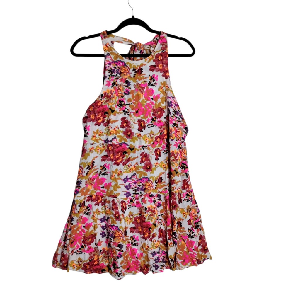 Natural Life Floral Halter Mini Dress Pink‎ Orange Rayon Tiered Tie Back Large